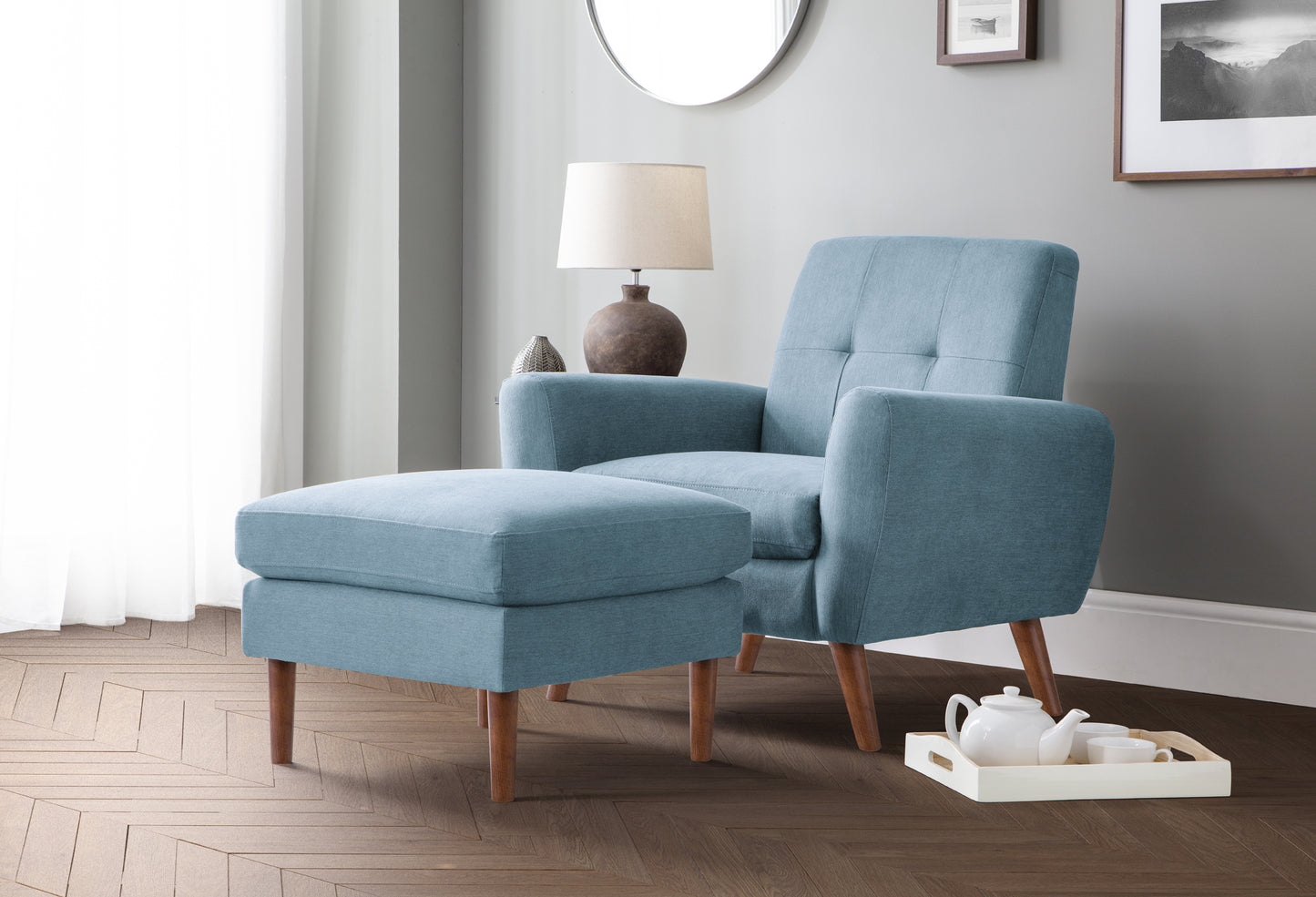 Blue Linen Retro Ottoman