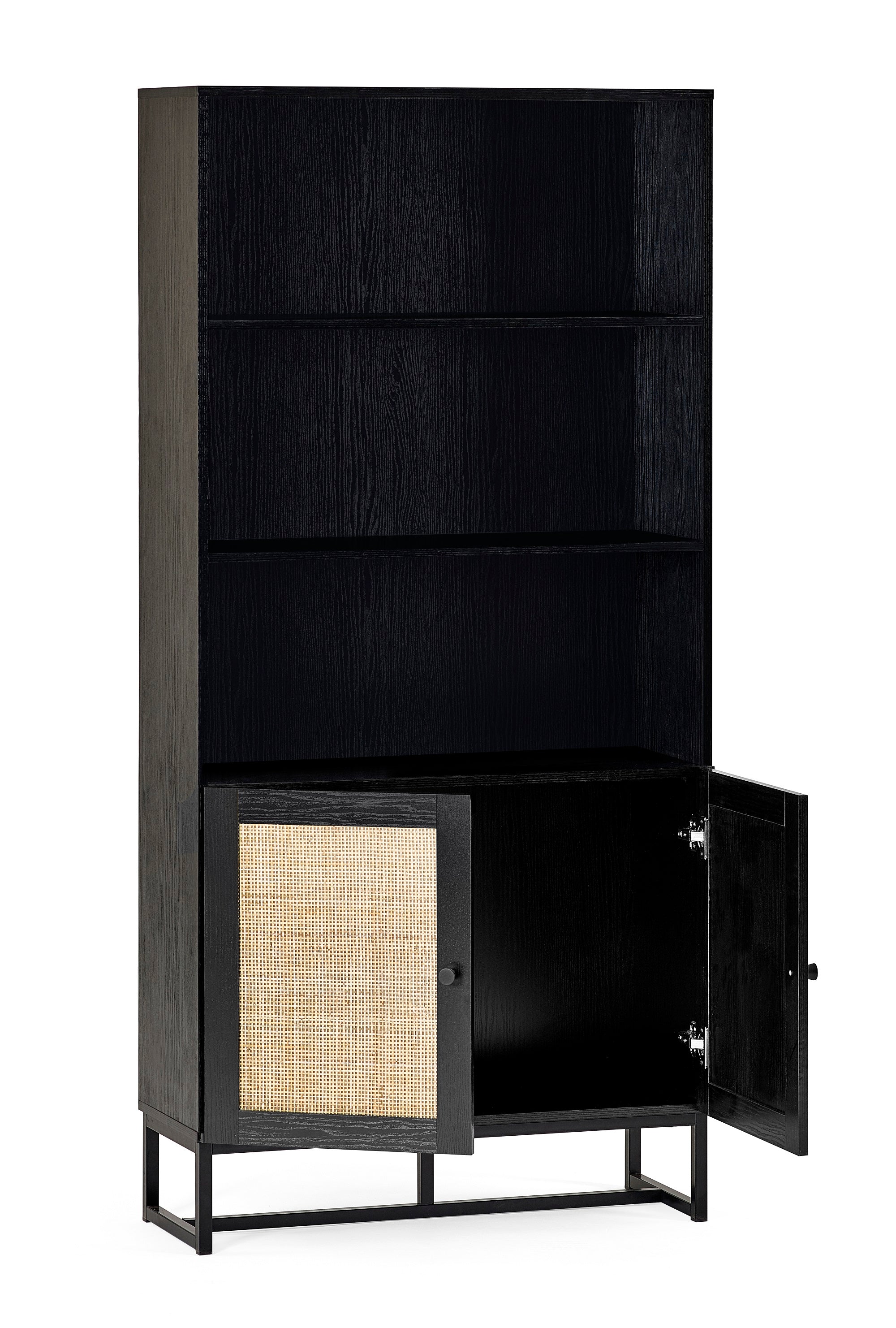 Tall black online bookcase with doors